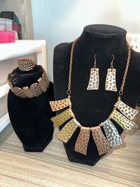 Statement Multitone Hammered Metal Necklace & Earring Set - Copper, Gold, Black